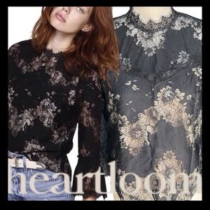 Heartloom Black/Tan Floral Lace Mandarin Collar Bell Sleeve Top (XS)